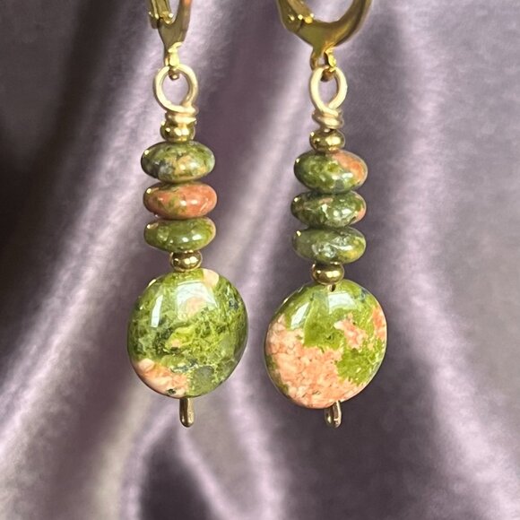 Gemstone Earrings, Unakit, Green and Pink Natural Gemstone Dangle Earrings - Picture 2 of 5